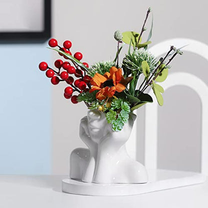 BrownLove Ceramic Face Vase White Flower Vase for Decor Female Form Face Vase Art Vase Modern Decorative Vase Centerpiece for Table Shelf Living Room Office Bedroom Small - style: Face Vase - Hands on Cheeks