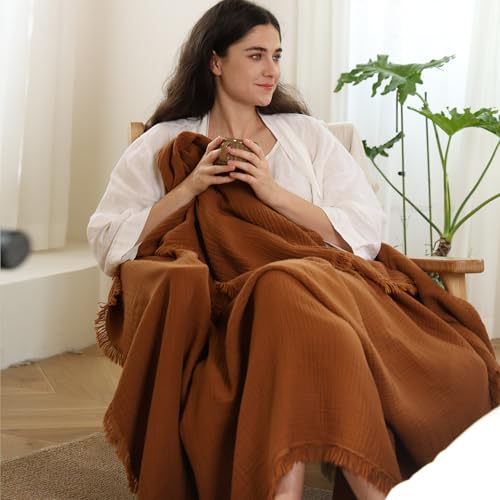 MooMee 100% Cotton Muslin Blanket, Fringed 4-Layer Gauze Bed Couch Throw - color: Drak Orange, size: Throw