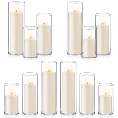 24 PCS Ivory White Pillar Candles with Glass Candle Holders Clear Hurricane Candle Holders Glass Cylinder Vases for Centerpieces Wedding Party, Event, Home Office (12 Candles+12 Candle Hoders) - style: 24 PCS Ivory White