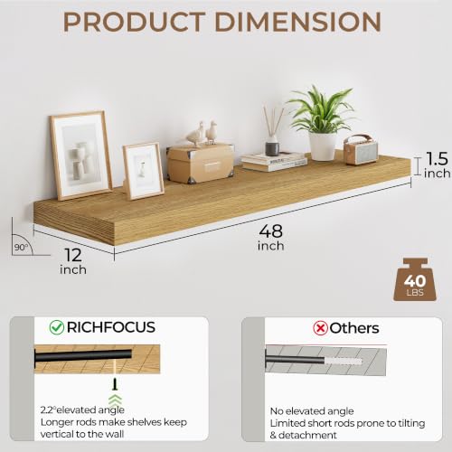 RICHFOCUS Long Floating Shelves for Wall 2Pack|Oak|48" Lx12 D - color: Oak, size: 48"L x 11.6"D, Set of 2