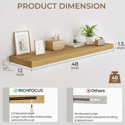 RICHFOCUS Long Floating Shelves for Wall 2Pack|Oak|48" Lx12 D - color: Oak, size: 48"L x 11.6"D, Set of 2