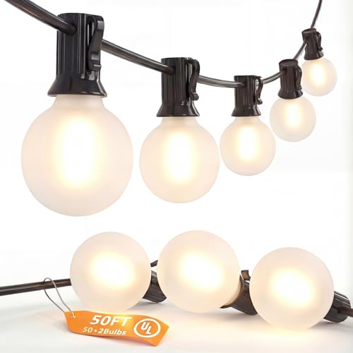SUNSGNE G40 Outdoor String Lights Waterproof, 50FT Outdoor Hanging Lights with 52 Globe Frosted White LED Bulbs(2 Spare) for Outside Patio Tent Porch Garden Backyard Balcony Deck Decor - color: Frosted White-Black, size: 50FT