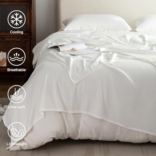 AmyHomie Cooling Waffle Blanket Queen Size, 100% Rayon Derived from Bamboo - color: White, size: Queen (90"x90")