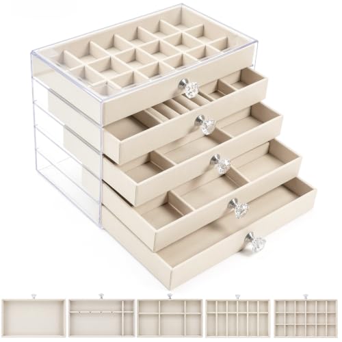 Acrylic Jewelry Box With 5 Drawers, Acrylic Jewelry Box Organizer With Velvet Trays, Clear Jewelry Box Organizer With Drawers For Jewelry Earrings Rings Necklaces (Beige)