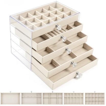 Acrylic Jewelry Box With 5 Drawers, Acrylic Jewelry Box Organizer With Velvet Trays, Clear Jewelry Box Organizer With Drawers For Jewelry Earrings Rings Necklaces (Beige)