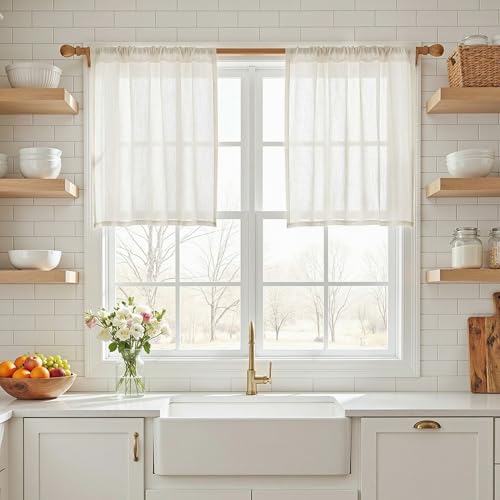 MYSKY HOME Small Window Natural Curtains for Kitchen, Short Cafe Curtains 24 Inches Long Semi Sheer Light Filtering Window Panels Rod Pocket Valance Drapes for Bathroom Basement, 2 Panels, 34" Wide - color: Beige White, size: 34"W x 24"L (Pack of 2)