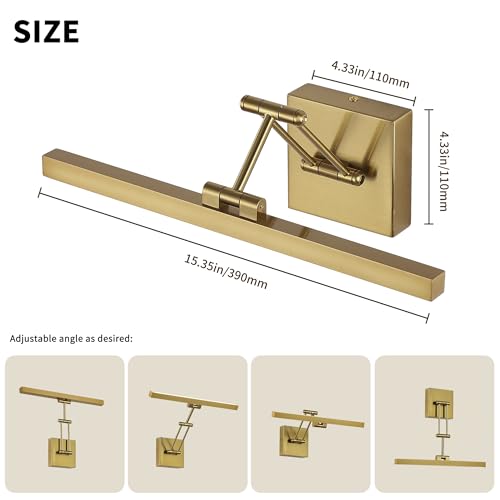 Hard-Wired Picture Light Dimmable LED Picture Lights for Paintings 15.7" Inch Brass Metal Body Wall Pictures with Adjustable Gold Swing Arm Art Display Lamps 7W 3000K Warm White Book Light - color: Hard-Wired Brass-square base, size: 15.7inch Dimmable