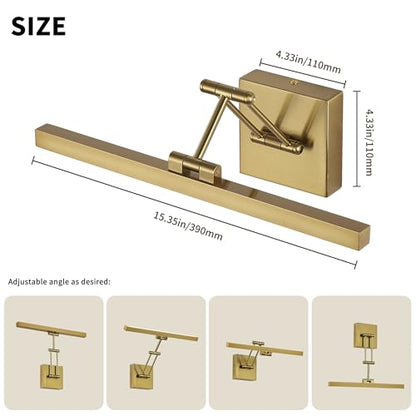 Hard-Wired Picture Light Dimmable LED Picture Lights for Paintings 15.7" Inch Brass Metal Body Wall Pictures with Adjustable Gold Swing Arm Art Display Lamps 7W 3000K Warm White Book Light - color: Hard-Wired Brass-square base, size: 15.7inch Dimmable