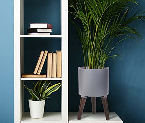 D'vine Dev 8 Inch Planter Pot with Wood Stand, Grey, 88-O-A-3 - color: Matte Grey, size: Small