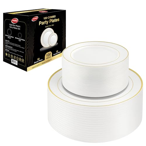 Neatiffy 100 Pcs Gold Rim Plastic Dinnerware Set (50 Guest) | 50 x Dinner Plate, 50 x Dessert Plate | BPA-Free | for Wedding, Luxurious Party, Special Event - color: White Gold Plate