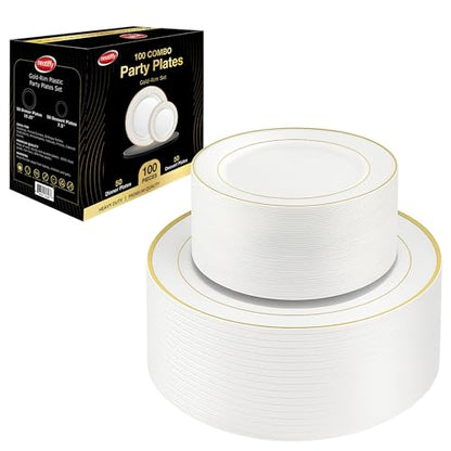 Neatiffy 100 Pcs Gold Rim Plastic Dinnerware Set (50 Guest) | 50 x Dinner Plate, 50 x Dessert Plate | BPA-Free | for Wedding, Luxurious Party, Special Event - color: White Gold Plate