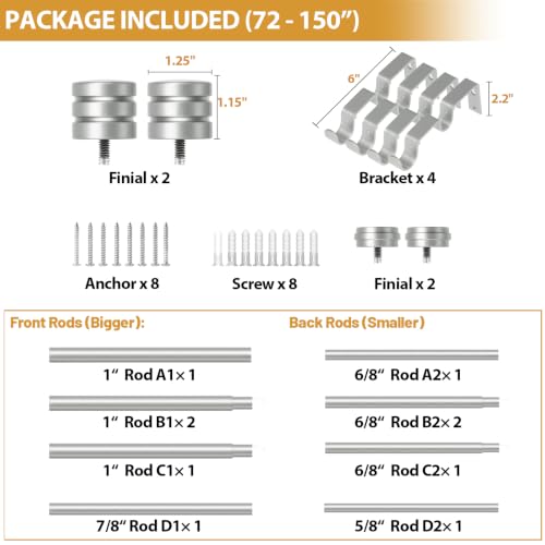 TONIAL 1 Inch Double Curtain Rods for Windows, 72 to 144 Inch, Silver - color: Silver, size: 72-144"