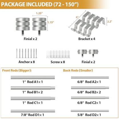 TONIAL 1 Inch Double Curtain Rods for Windows, 72 to 144 Inch, Silver - color: Silver, size: 72-144"