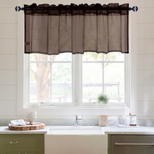 DWCN Sheer Valance, Semi Vole Curtain Valance for Cafe, Bedroom, Basement, Rod Pocket Linen Look Drapes, 1 Panel, Brown, 52 by 18 Inches Long - color: Brown, size: 52"W x 18"L (Pack of 1)