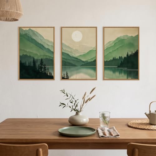 Celestdeco Green Boho Mountain Lake Framed Canvas Wall Art Set-16"x24"x3 - color: Green Landscape Wall Art, size: 16"L x 24"W