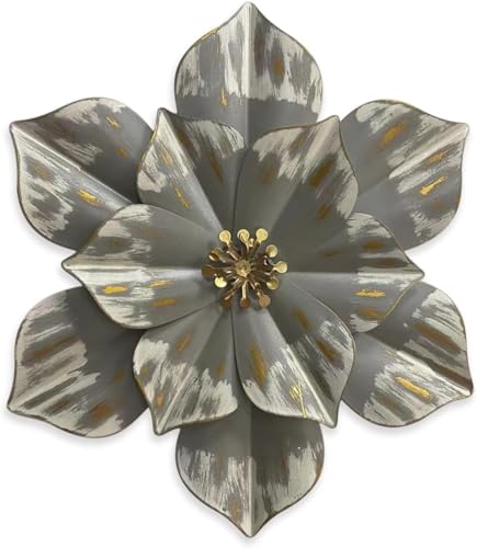 Metal Flower Wall Sculpture,12.5" Gradual Grey Gold Rustic Modern Floral - color: 01B-Grey