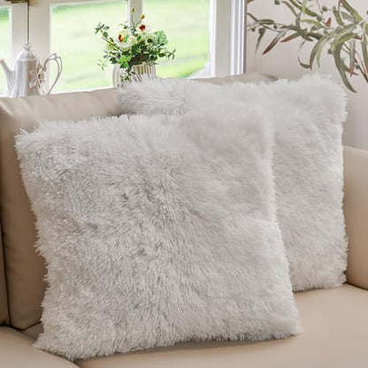 Cheer Collection Throw Pillows for Couch and Bed, Soft Shaggy Throw Pillows with Inserts Included, Cozy Long Hair Faux Fur Pillows - Set of 2-18" x 18" - White - color: White, size: 18 x 18-Inch