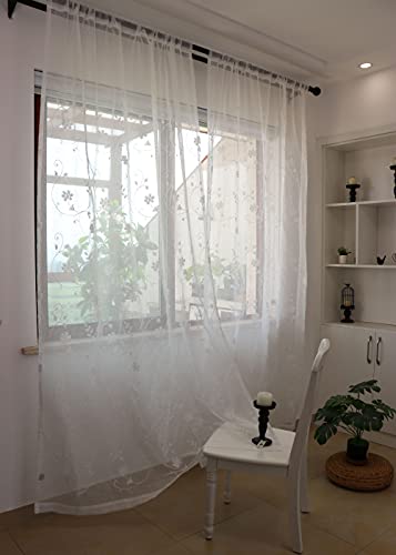 SLOW SOUL Set of 2 Panels White Embroidered Flowers Sheer Curtains for Bedroom Living Dining Room Farmhouse Drapes Curtain with Rod Pocket White 52W X 102 inch Length - color: White/Rod Pocket, size: 52"W x 102"L (Pack of 2)