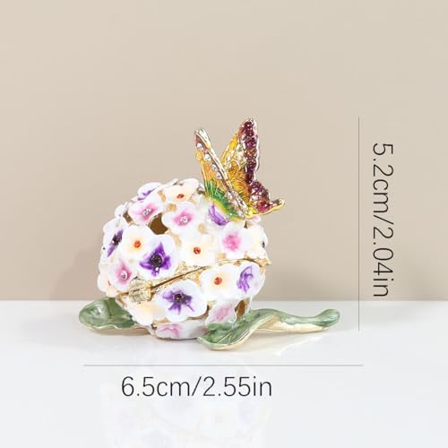 Decorative Floral Jewelry Box with Butterfly, Enamel Hydrangea Design, Purple and White Flowers, Trinket Box Storage