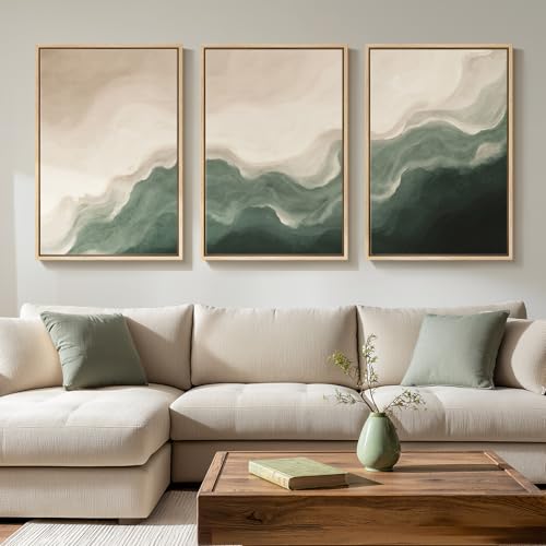 Large Framed Green and Beige Abstract Wall Art, 3 Piece Set, Each 20x30 In - color: Serene Tides, size: 20" W x 30" H x 3pcs