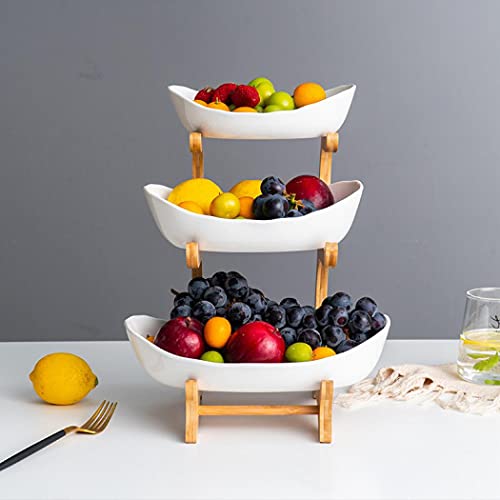 XUDREZ 3-Tier Ceramic Fruit Basket with Bamboo Tray, Large Capacity - color: white porcelain