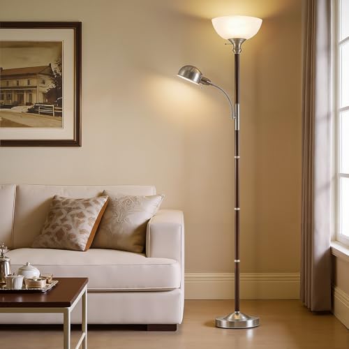 EJIAXIN 72" Wood Torchiere Floor Lamp with Glass Shade Walnut Standing Lamp - color: Dark Walnut