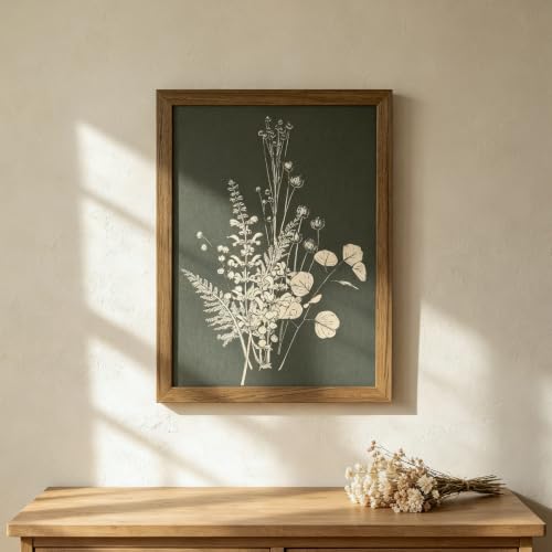 YBYBEST 12 x 16 Inch Framed Olive Green Botanical Wall Art, Vintage Ivory Floral Canvas Print with Warm Brown Solid Wood Frame for Bedroom and Entryway - color: Ivory Three, size: 16"L x 12"W