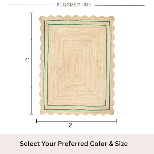 Wave Scalloped Jute Rug Entryway Natural Boho Area Rug Green 2'x4' - color: Emerald Green, size: 2'x4'