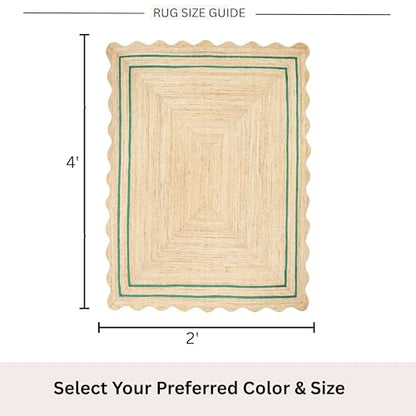 Wave Scalloped Jute Rug Entryway Natural Boho Area Rug Green 2'x4' - color: Emerald Green, size: 2'x4'
