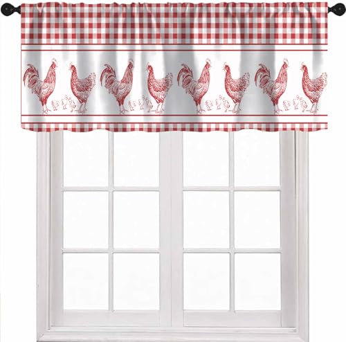 Farmhouse Rooster Kitchen Valance Curtains, Rustic Red White Buffalo Check Stripe Boho Window Treatment Valances for Dining Room Living Room 1 Panel, 54x18Inch - color: Chicken-3