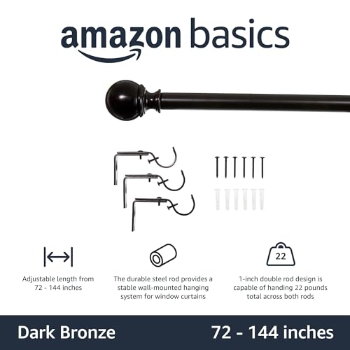 Amazon Basics Adjustable Sturdy Curtain Rod for Windows with Round Finials, Easy Install Hardware, 1-Inch Rod, 72" to 144", Dark Bronze, 1-Pack - color: Bronze, size: 72" to 144"