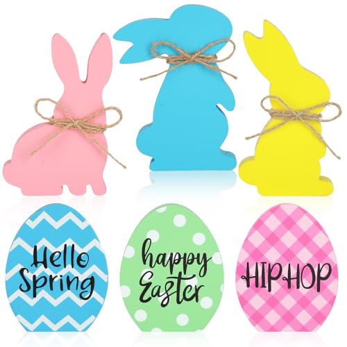 6Pcs Easter Bunny Decorations for Home Wooden Easter Table Signs Rabbit Egg Shaped Tabletop Centerpieces with Rope for Tiered Tray Decor Home Indoor Office Party Farmhouse Decor