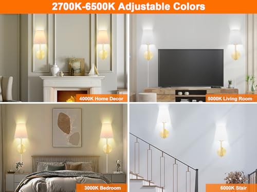Wall Sconces Set of Two with Remote Control, Dimmable, Adjustable Colors 2700-6500K, Plug in Wall Sconces with White Fabric Shades, Plug in Wall Light, Gold - color: Gold-White