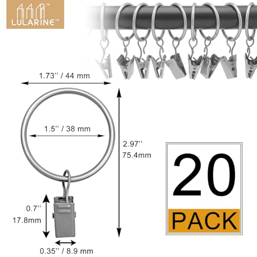 20 Pack Curtain Rings with Clips 1.5" Interior Diameter,Metal Drapery Clips with Rings,Curtain Clips,Strong Vintage Decorative Rustproof Drapery Ring with Hooks for Bathroom,Bedroom(Matte Silver) - color: Matte Silver, size: 1.5"-20pack