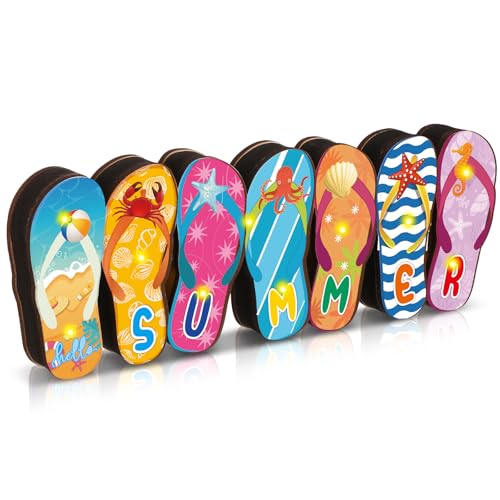 Yousoontic Summer Beach Flip Flop Table Centerpiece Decor - 3D Wooden Slippers Sign with LED Lights, Hawaii Luau Tropical Decor for Home Mantel, Desk & Party - style: Summer