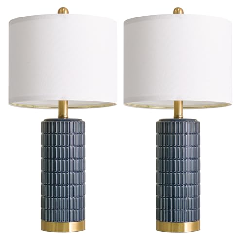PoKat 25'' Blue Table Lamps for Bedroom Living Room Set of 2, Modern Ceramic Bedside Lamps with Gold Base for Office Sideboard Entryway Side End Table Nightstand Desk Lamps Home Gift (Dark Blue) - color: Dark Blue