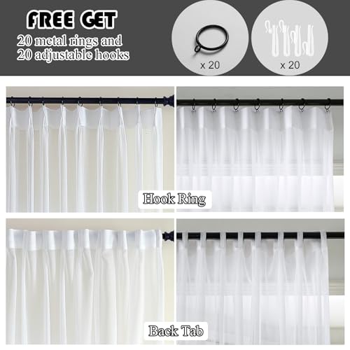 White Pinch Pleated Sheer Curtains 108 Inches Long Sliding Glass Door Linen - color: Bright White, size: 50"W x 108"L (Pack of 2)