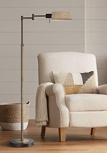 Jenson Bronze and Faux Wood Adjustable Swing Arm 54" Tall Floor Lamp - color: Bronze and Faux Wood