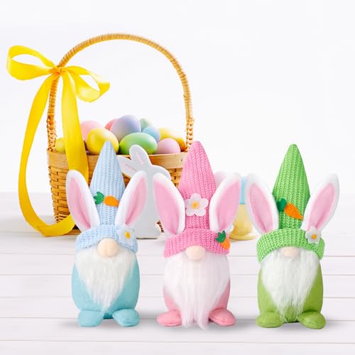 Sggvecsy Easter Gnomes Decorations 3Pcs Bunny Spring Tomte Nisse Swedish Rabbit Plush Scandinavian Faceless Dwarf Handmade Elf for Table Ornament Home Decor