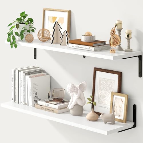 Fun Memories Deep Floating Shelves, 36W x 8D Floating Shelves Set of 2, Wall Mounted Shelf with Metal Brackets, Rustic Wood Wall Shelf for Bathroom, Kitchen and Living Room, White - color: White | L Bracket, size: 36"L x 8"D