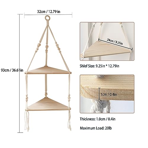Artilady Corner Shelf Macrame Wall Hanging, Boho Wood Storage Wall Decor - color: White - 2 Tier
