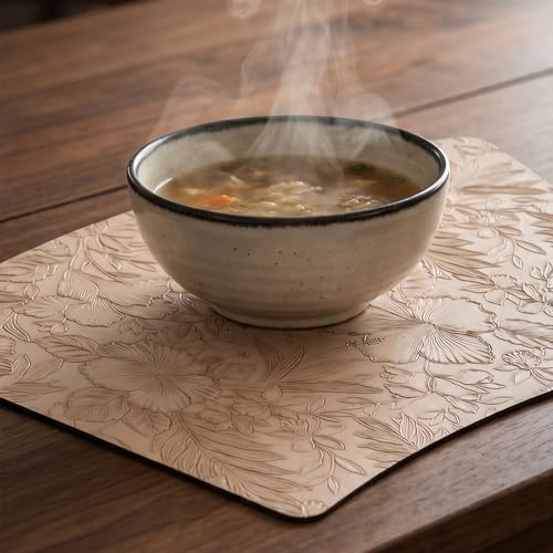 Faux Leather Set of 6, Placemats with Carving Floral Design - color: Apricot