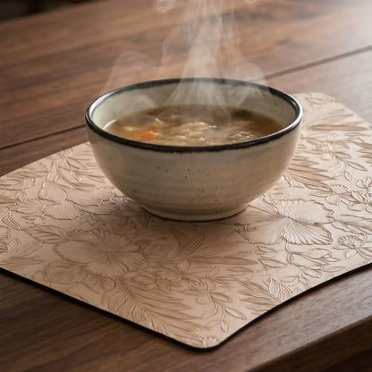 Faux Leather Set of 6, Placemats with Carving Floral Design - color: Apricot
