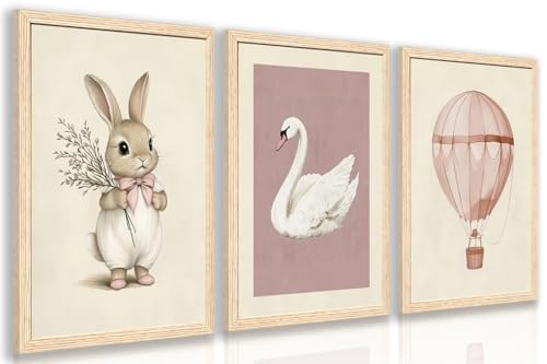 Hianan Wood Framed Pink Cute Bunny Nursery Wall Art Set of 3, 12x16 in - color: Bunny(Wood), size: 16"L x 12"W