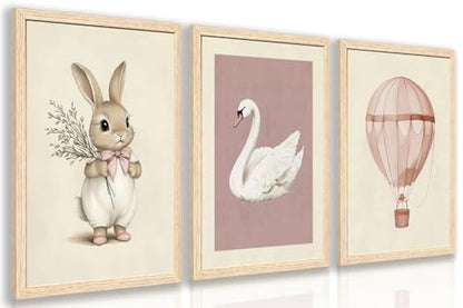 Hianan Wood Framed Pink Cute Bunny Nursery Wall Art Set of 3, 12x16 in - color: Bunny(Wood), size: 16"L x 12"W