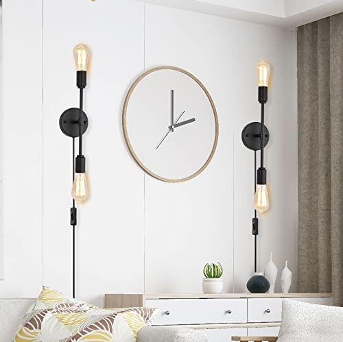 Black 2 Light Plug in Wall Sconce Set of 2 for Bathroom Farmhouse