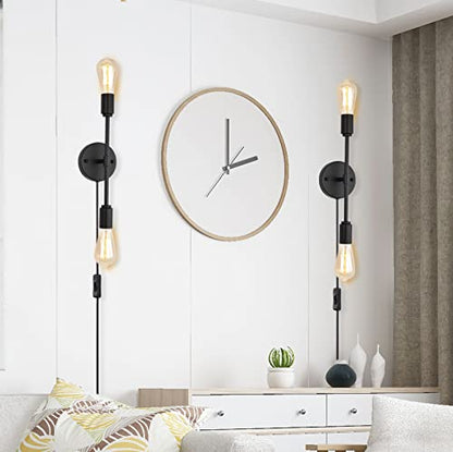 Black 2 Light Plug in Wall Sconce Set of 2 for Bathroom Farmhouse