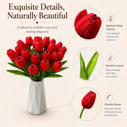 Mandy's 20 Stems Red Artificial Tulip Flowers for Home Centerpieces - color: Red 20pcs