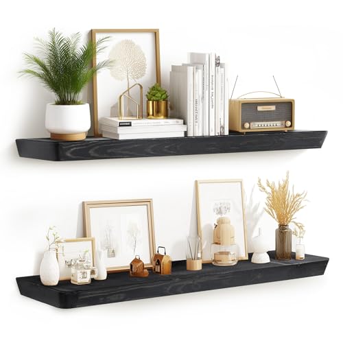 36x6.8x1.6in Slanted Solid Wood Floating Wall Shelves 2-Pack Black - color: Black, size: 36"-Set of 2