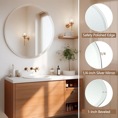 30 Inch Round Frameless Bathroom Mirror, Beveled Round Mirror - size: 30"L x 30"W